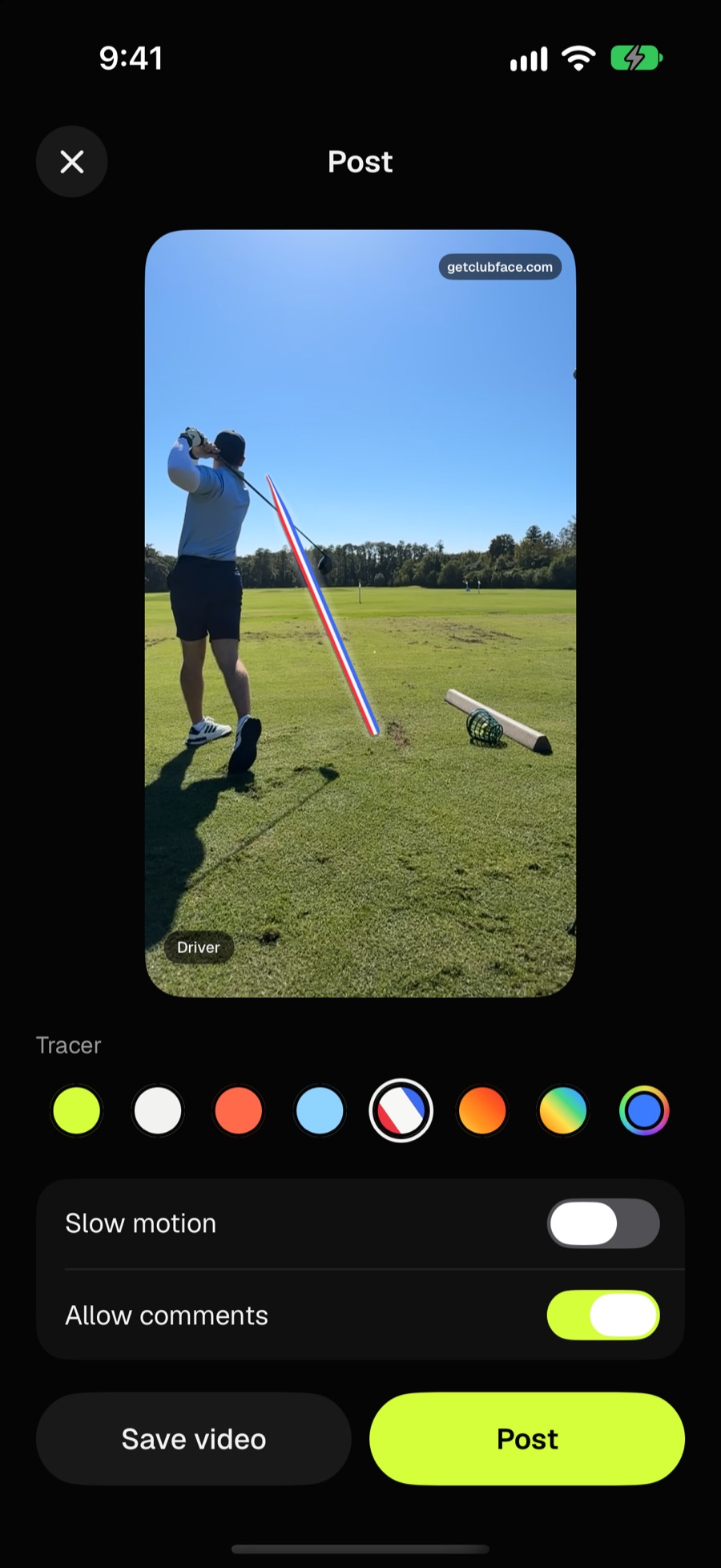 Clubface’s Post screen: Chris’s drive traced in red, white and blue, the tracer swatches, slow motion, Save video and Post